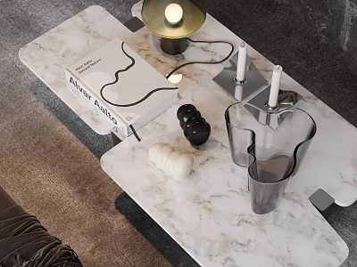 Marble Coffee Table With Philip Johnson Book Gold Lamp Candles And Decorative Vase 3d model