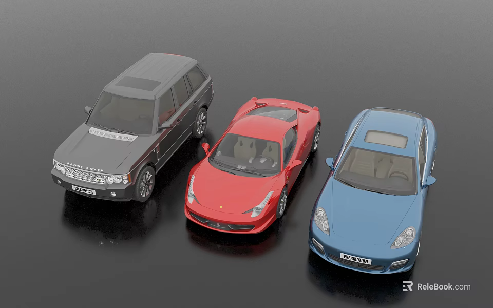 Car Models Including Gray SUV Red Sports Car And Blue Sedan On Black Background 3d model 
