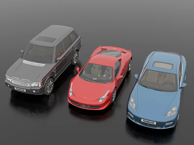 Car Models Including Gray SUV Red Sports Car And Blue Sedan On Black Background 3d model
