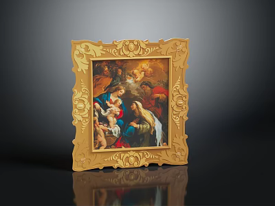 Golden Decorative Picture Frame With Intricate Carvings Holding Classic Religious Painting 3d model