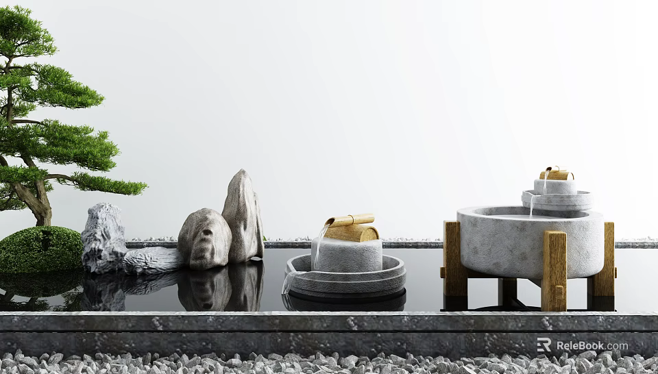 Zen Style Garden Ornaments with Rock Water Features and Pine Branch Reflections 3d model 