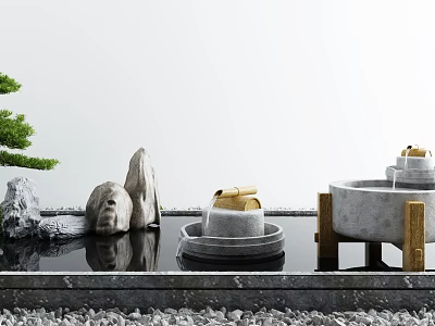 Zen Style Garden Ornaments with Rock Water Features and Pine Branch Reflections 3d model