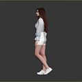 Woman With Long Hair Wearing Light Blue Cropped Top White Distressed Skirt And White Sneakers
