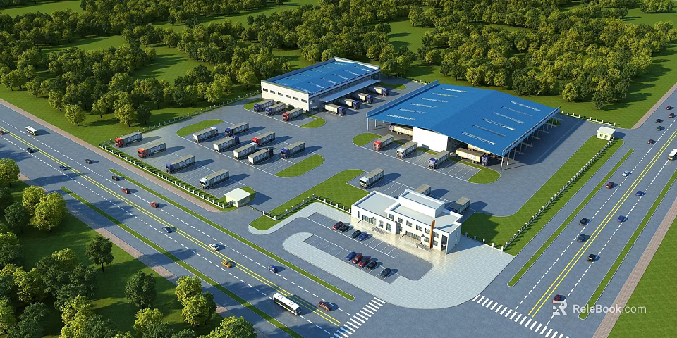 Industrial Factory Building With Blue Roof Parking Area Parked Vehicles And Green Surroundings 3d model 