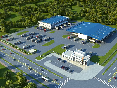 Industrial Factory Building With Blue Roof Parking Area Parked Vehicles And Green Surroundings 3d model