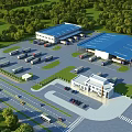 Industrial Factory Building With Blue Roof Parking Area Parked Vehicles And Green Surroundings