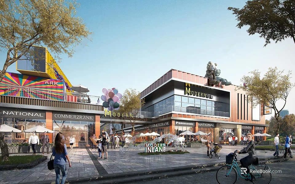 Riverside International Commercial Street Featuring Modern Buildings Pedestrians Bicycles Shops And Restaurants 3d model 