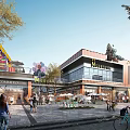 Riverside International Commercial Street Featuring Modern Buildings Pedestrians Bicycles Shops And Restaurants