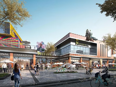 Riverside International Commercial Street Featuring Modern Buildings Pedestrians Bicycles Shops And Restaurants 3d model