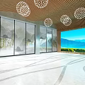 Modern Spacious Lobby With Wooden Ceiling Spherical Pendant Lights Marble Floor And Lake Mountain View