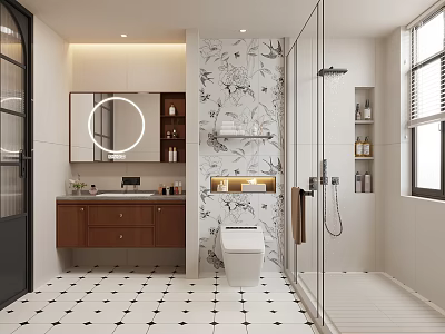 Modern Bathroom Interior With Round Mirror Wooden Vanity Patterned Tile Wall And Glass Shower 3d model