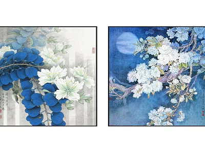 Plant Paintings Featuring Blue Fruits White Flowers Striped Background Blue Backdrop and Moon 3d model