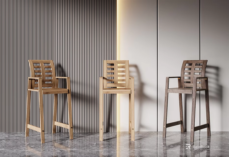 Three Modern Wooden Bar Stools Sleek Design Indoor With Vertical Striped Wall And Polished Floor 3d model 