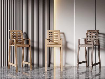 Three Modern Wooden Bar Stools Sleek Design Indoor With Vertical Striped Wall And Polished Floor 3d model