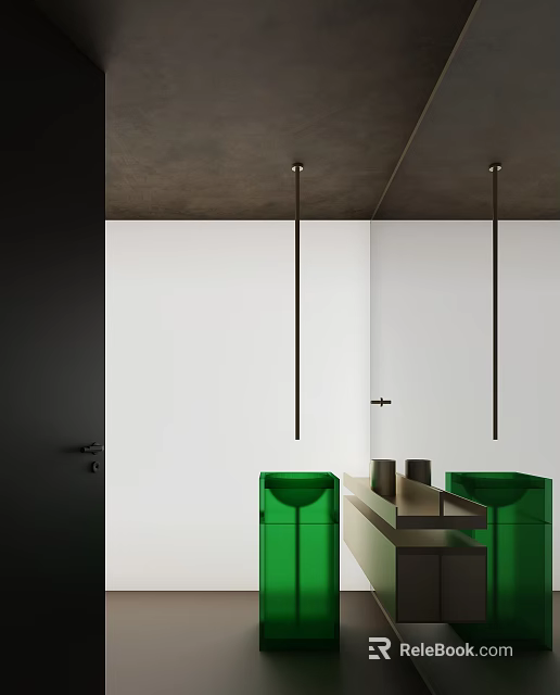 Modern Bathroom Vanity With Green Sinks Dark Countertop White Walls And Black Pendant Lights 3d model 