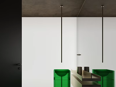 Modern Bathroom Vanity With Green Sinks Dark Countertop White Walls And Black Pendant Lights 3d model