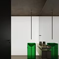 Modern Bathroom Vanity With Green Sinks Dark Countertop White Walls And Black Pendant Lights