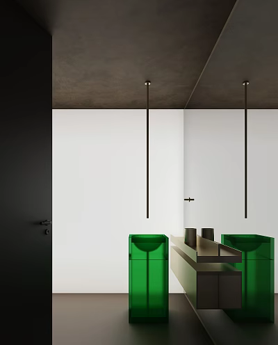 Modern Bathroom Vanity With Green Sinks Dark Countertop White Walls And Black Pendant Lights 3d model