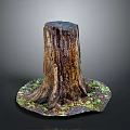 Natural Wooden Tree Stump With Green Moss And Fallen Leaves Base