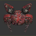 Red Mechanical Spider Sculpture With Large Yellow Eye And Metal Wheels