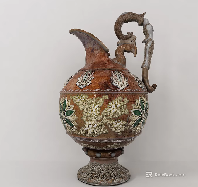 Artistic Decorative Ornament Set With Brown Body Floral Patterns Green And Gold Accents 3d model 