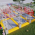Outdoor Children's Playground With Red Climbing Frames Yellow Platforms And Green Lawn