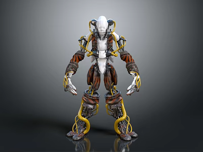 Game Movie Robot Character With Mechanical Body Structure White Brown Armor And Yellow Cables 3d model
