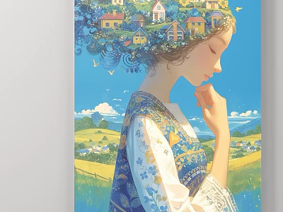 Abstract Painting Woman With Houses In Hair Blue Sky Green Meadow Yellow Field Flying Birds 3d model