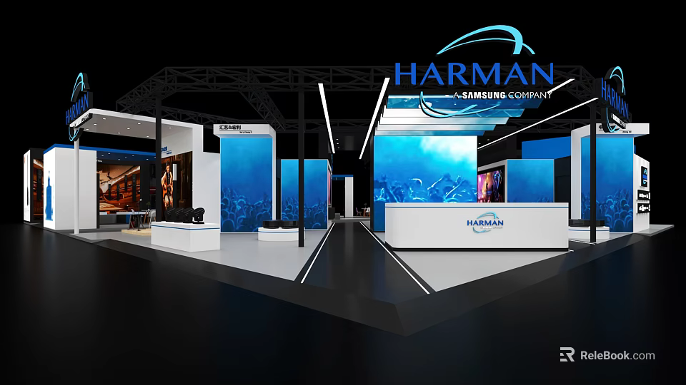 HARMAN Exhibition Booth Design With Blue Backdrops Reception Desk And Product Displays 3d model 
