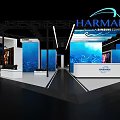 HARMAN Exhibition Booth Design With Blue Backdrops Reception Desk And Product Displays