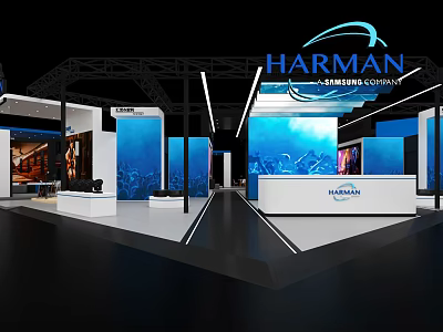 HARMAN Exhibition Booth Design With Blue Backdrops Reception Desk And Product Displays 3d model