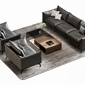 Modern Gray Leather Sofa Coffee Table Set With Armchairs And Wooden Table On Gray Rug