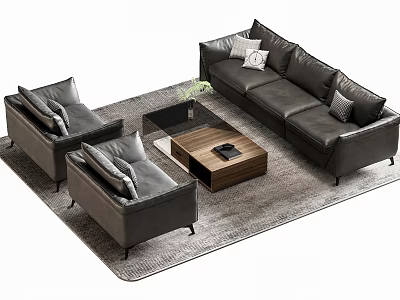 Modern Gray Leather Sofa Coffee Table Set With Armchairs And Wooden Table On Gray Rug 3d model