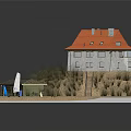 Two Story Building With Red Roof Gray Walls Small Cottage Staircase Sandy Ground And Bushes