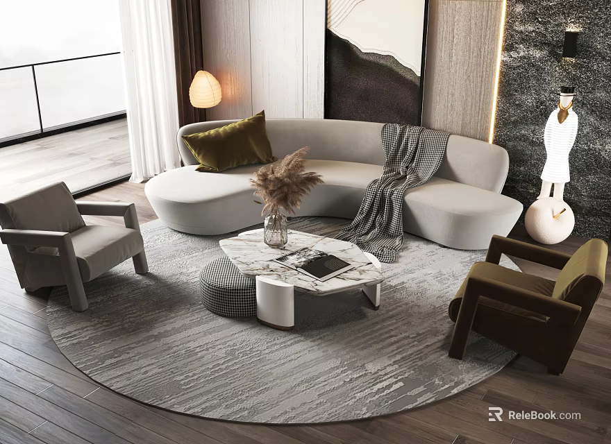 Modern Gray Sofa And Marble Coffee Table With Round Rug And Accent Pillows 3d model 