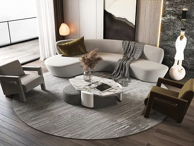 Modern Gray Sofa And Marble Coffee Table With Round Rug And Accent Pillows 3d model