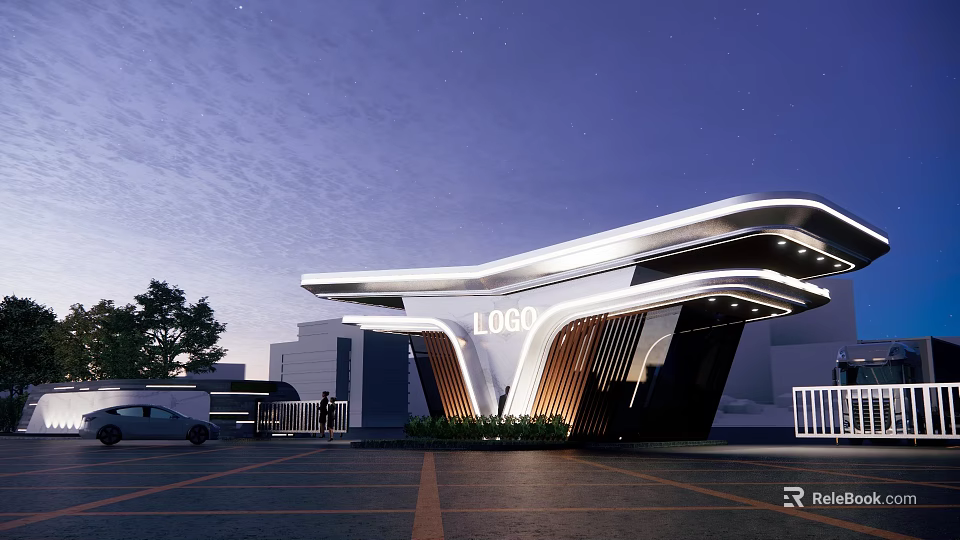 Modern Illuminated Entrance Gate With Curved Roof LOGO Evening Lighting And Landscaping 3d model 