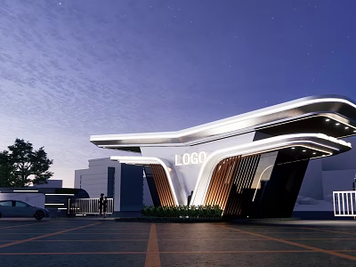 Modern Illuminated Entrance Gate With Curved Roof LOGO Evening Lighting And Landscaping 3d model