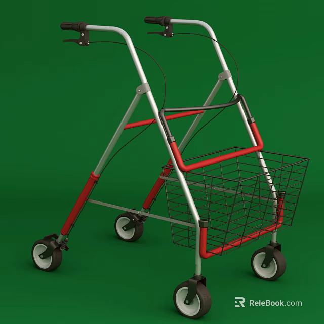 Sturdy Medical Walker with Red Handles Metal Frame Four Wheels and Storage Basket 3d model 