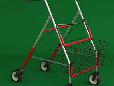 Sturdy Medical Walker with Red Handles Metal Frame Four Wheels and Storage Basket 3d model
