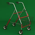 Sturdy Medical Walker with Red Handles Metal Frame Four Wheels and Storage Basket