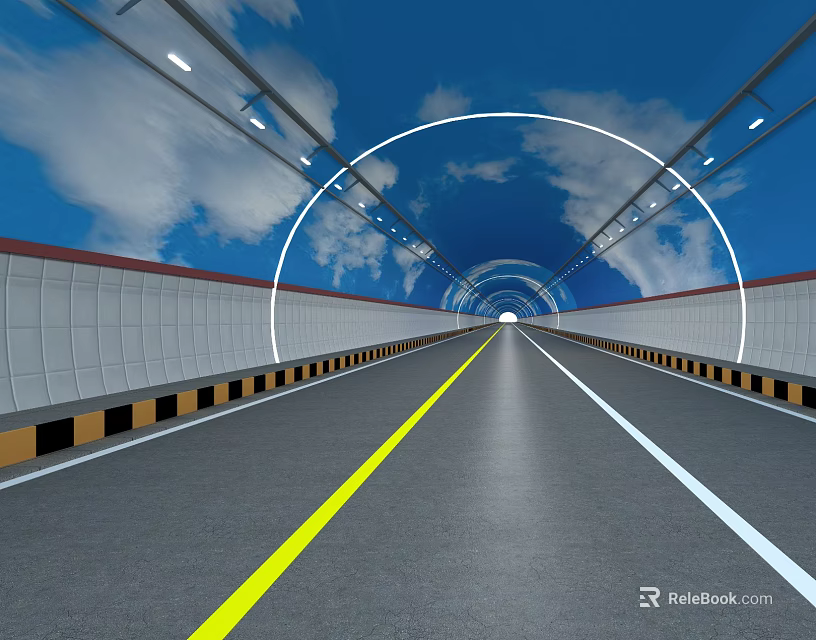 Modern Tunnel Road Infrastructure With Yellow White Markings And Ceiling Lighting 3d model 
