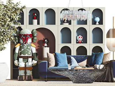 Modern Blue Sofa and Coffee Table Set with Pillows Decorative Items Bookshelf and Chandelier 3d model