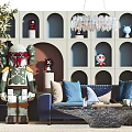 Modern Blue Sofa and Coffee Table Set with Pillows Decorative Items Bookshelf and Chandelier