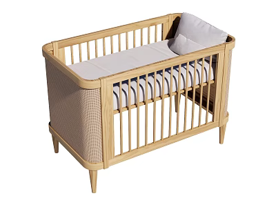 Wooden Baby Crib With Modern Design Light Colored Mattress And Fabric Panels 3d model