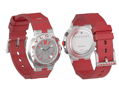 BVLGARI Stylish Watches With Red Strap Silver Dial And Logo Design 3d model