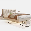 Modern Double Bed with Upholstered Headboard Soft Quilt Pillows Bedside Tables Lamps and Patterned Rug