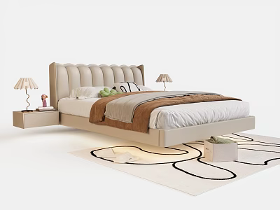 Modern Double Bed with Upholstered Headboard Soft Quilt Pillows Bedside Tables Lamps and Patterned Rug 3d model