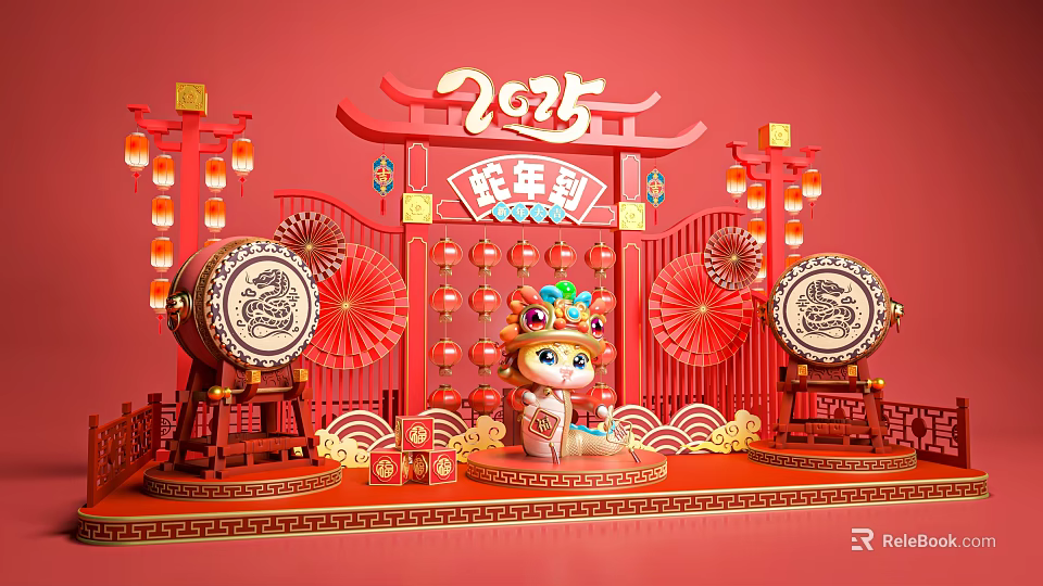 2025 Year of the Snake Photo Spot With Traditional Red Lanterns Drums and Cartoon Snake 3d model 