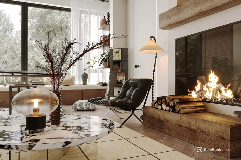 Modern Living Room Interior With Fireplace Leather Chair Marble Coffee Table And Floor Lamp 3d model 